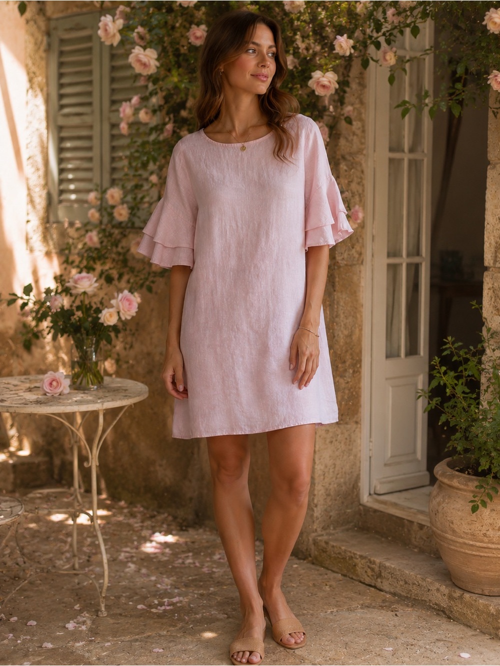 Francesca Bettini 100% Linen Shift Dress Blush Pink Ruffle Sleeve Made Italy S